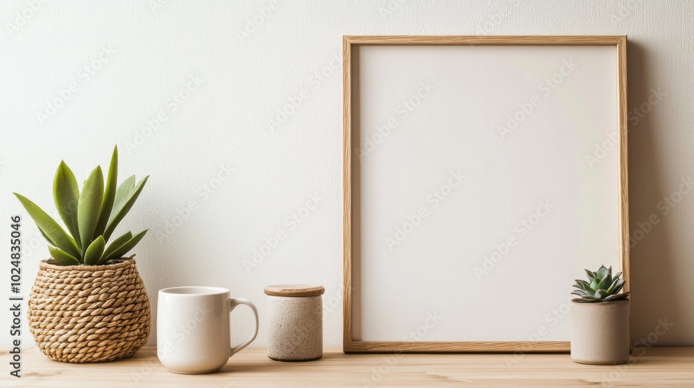 Minimalist Wooden Frame With Potted Plants On Wooden Shelf Minimalist Wooden Frame With Potted Plants On Wooden Shelf