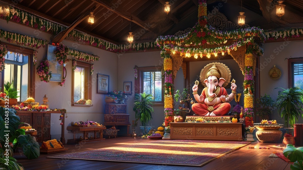 A beautiful idol of Lord Ganesha in a traditional Indian home, with festive decorations around, celebrating Ganesh Chaturthi. A beautiful idol of Lord Ganesha in a traditional Indian home, with festive decorations around, celebrating Ganesh Chaturthi.