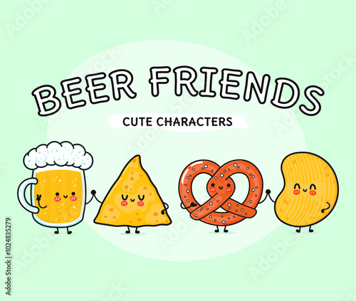 Cute, funny happy glass of beer, nachos, chips, pretzel. Vector hand drawn cartoon kawaii characters, illustration icon. Funny cartoon glass of beer, nachos pretzel chips mascot friends concept