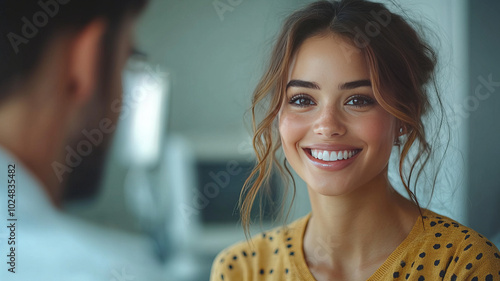 a woman in the hospital receiving oncological care with a doctor, both have happy expressions photo