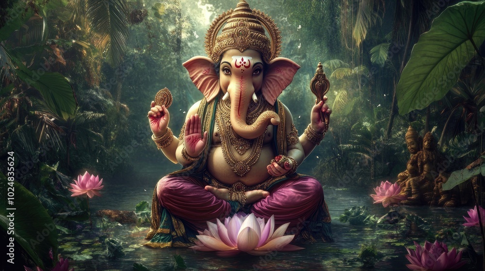 Naklejka premium A high-resolution image of Lord Ganesha, adorned in traditional attire, sitting on a lotus, with his trunk curled gracefully.