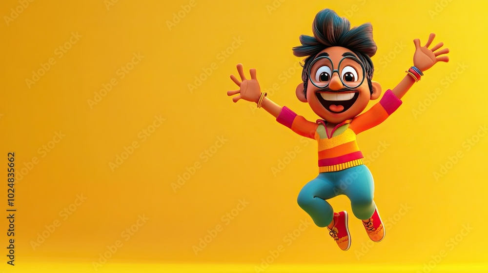 A joyful 3D Indian cartoon character jumping with joy, with space around for copy or branding A joyful 3D Indian cartoon character jumping with joy, with space around for copy or branding