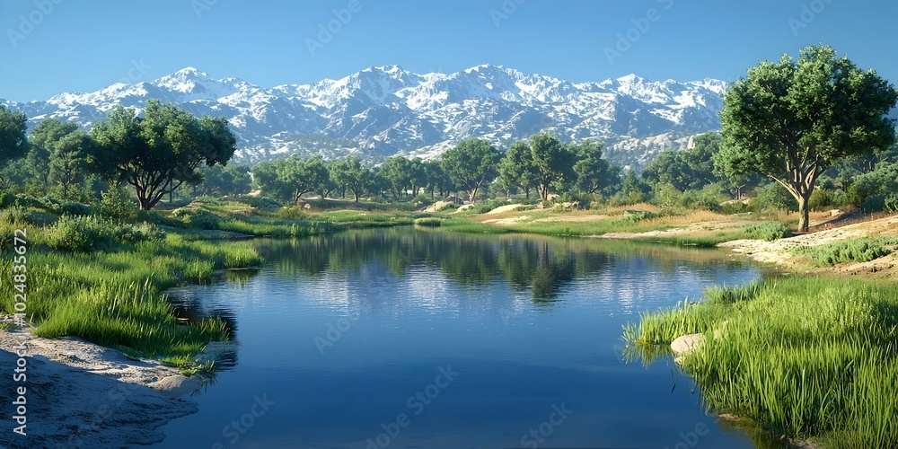 Serene landscape with a calm lake reflecting the snow-capped mountains in the distance. Serene landscape with a calm lake reflecting the snow-capped mountains in the distance.