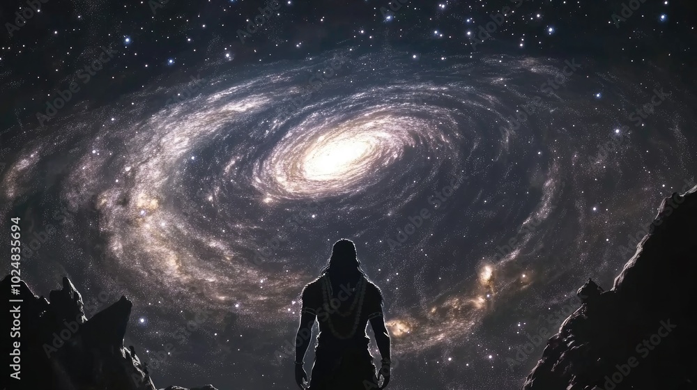 Obraz premium A majestic image of Lord Vishnu standing in front of the universe, with galaxies and stars swirling around him, representing his role as the preserver.