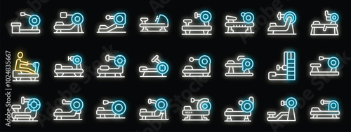 Glowing blue and yellow neon icons of gym equipment, illustrating a variety of workout machines for strength and fitness training