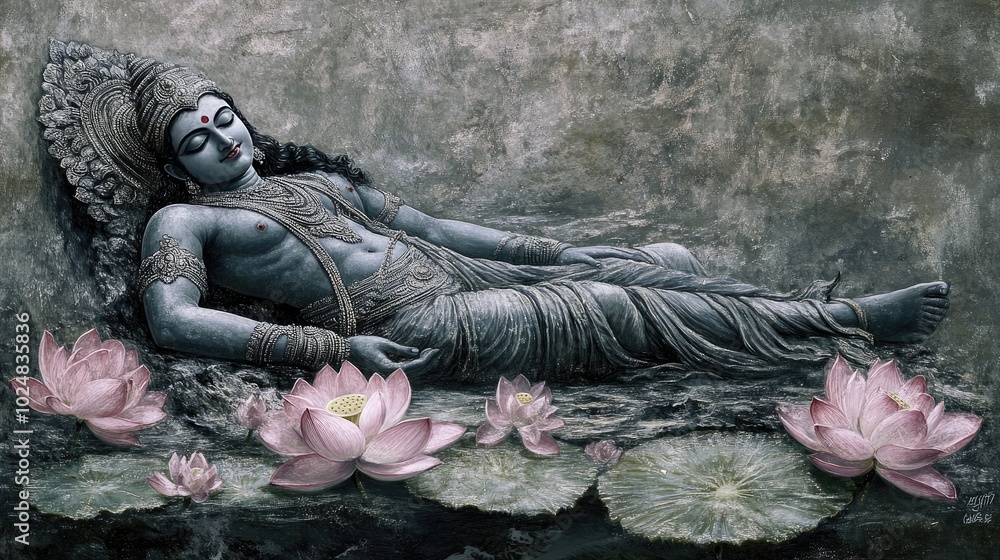 Fototapeta premium A serene and detailed depiction of Lord Vishnu reclining on the cosmic ocean, with lotus flowers blooming around him, symbolizing peace and eternity.