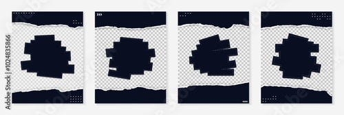 Set of flyers, banners made from torn black paper for notes, ad, announcement with place for photos or text.