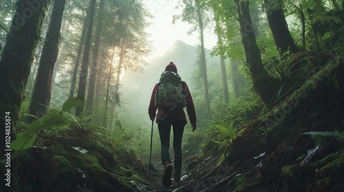 Woman hiker explores a misty forest trail surrounded by lush greenery.