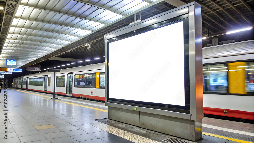 Mockup. Lightbox vertical billboard with blank digital screen on a train station. white blank poster advertisement Public information boards stand at stations in front of people and trains Mockup. Lightbox vertical billboard with blank digital screen on a train station. white blank poster advertisement Public information boards stand at stations in front of people and trains