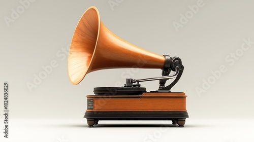 Vintage gramophone with a large wooden horn and a wooden base on a neutral background