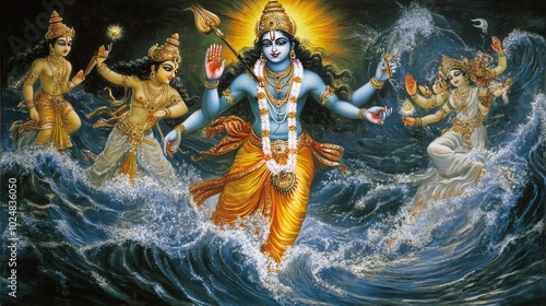 An ethereal image of Lord Vishnu emerging from the cosmic ocean, with celestial beings around him, representing the birth of the universe. photo