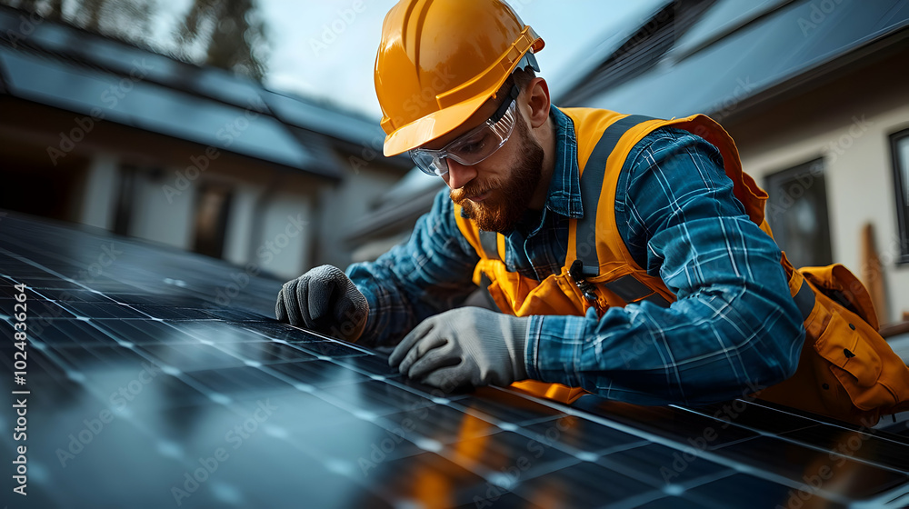 Worker installing solar panels on a rooftop for renewable energy. Worker installing solar panels on a rooftop for renewable energy.