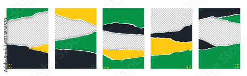 Set of flyers, banners made from torn colorful paper for notes, ad or announcement with place for photos.