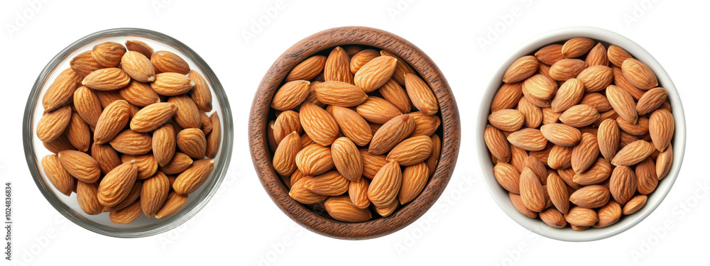 Top view Almonds in bowl on white background Top view Almonds in bowl on white background