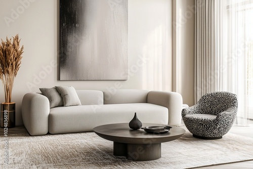 Minimalist, contemporary japandi interiors in living rooms with art frames and sofas. Generative AI
