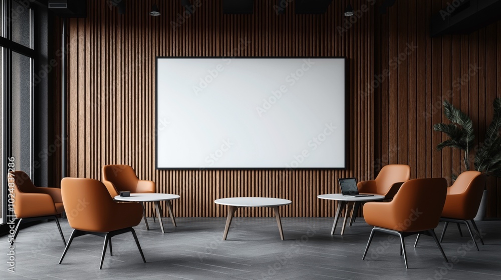 Modern lounge area with orange chairs and round tables in front of a wooden panel wall and a large blank screen. Modern lounge area with orange chairs and round tables in front of a wooden panel wall and a large blank screen.
