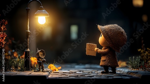 A 3D clay detective figurine illuminated by a streetlamp is intently focused on solving a case in the darkness piecing together clues and evidence to unravel the mystery photo