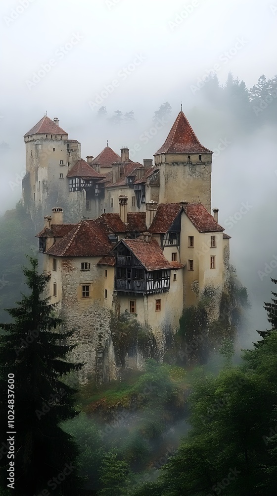 Old castle on a hill surrounded by misty forests A historic castle with towers and battlements, perched majestically on a hill as thick fog envelops the surrounding forests. Old castle on a hill surrounded by misty forests A historic castle with towers and battlements, perched majestically on a hill as thick fog envelops the surrounding forests.