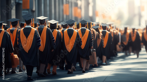 Group of graduates in academic regalia with caps and gowns walking in an outdoor ceremony procession.