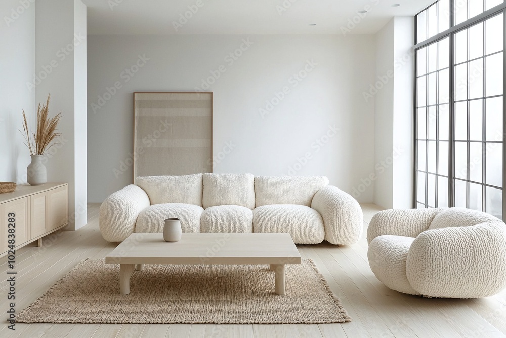 A modern Japani interior in the living room with minimalist, plush boucle sofas and armchairs and tables. Generative AI
A modern Japani interior in the living room with minimalist, plush boucle sofas and armchairs and tables. Generative AI
