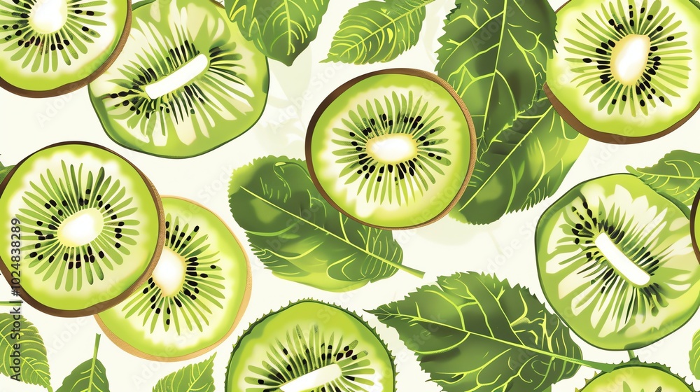 Fototapeta premium A seamless pattern of kiwi fruit and leaves on a white background.