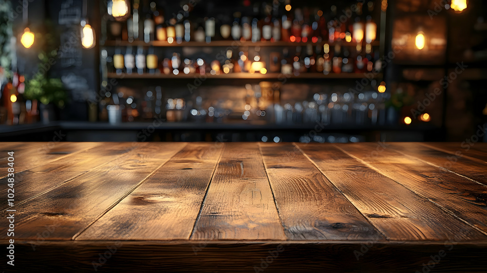 A wooden bar counter with a blurred background of bottles. A wooden bar counter with a blurred background of bottles.