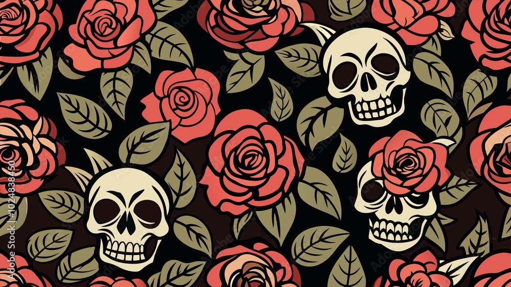 Naklejka premium Decorative skull and rose pattern on a dark background.