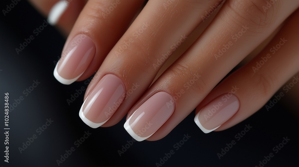 Women's manicure with a delicate French design, gel polish with white stripes Women's manicure with a delicate French design, gel polish with white stripes