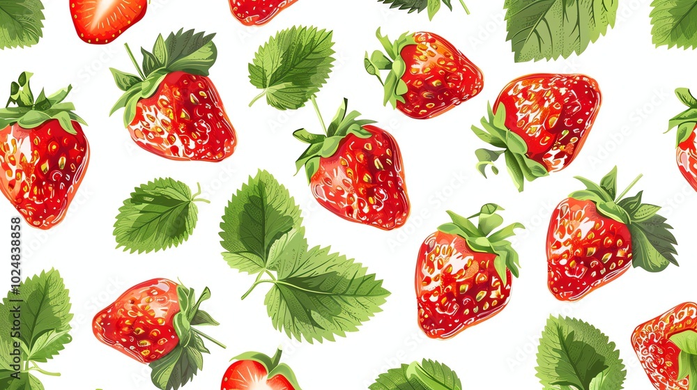 A seamless pattern of strawberries and leaves on a white background. A seamless pattern of strawberries and leaves on a white background.
