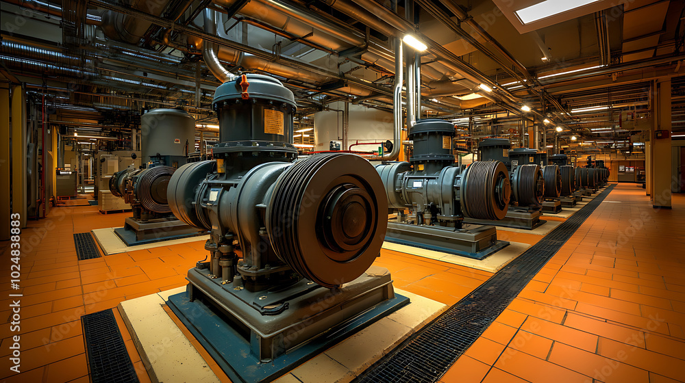 Pumping Station: A wide-angle view of an industrial pumping station with multiple pumps lined up in a row. Piping systems snake around the station, Pumping Station: A wide-angle view of an industrial pumping station with multiple pumps lined up in a row. Piping systems snake around the station,