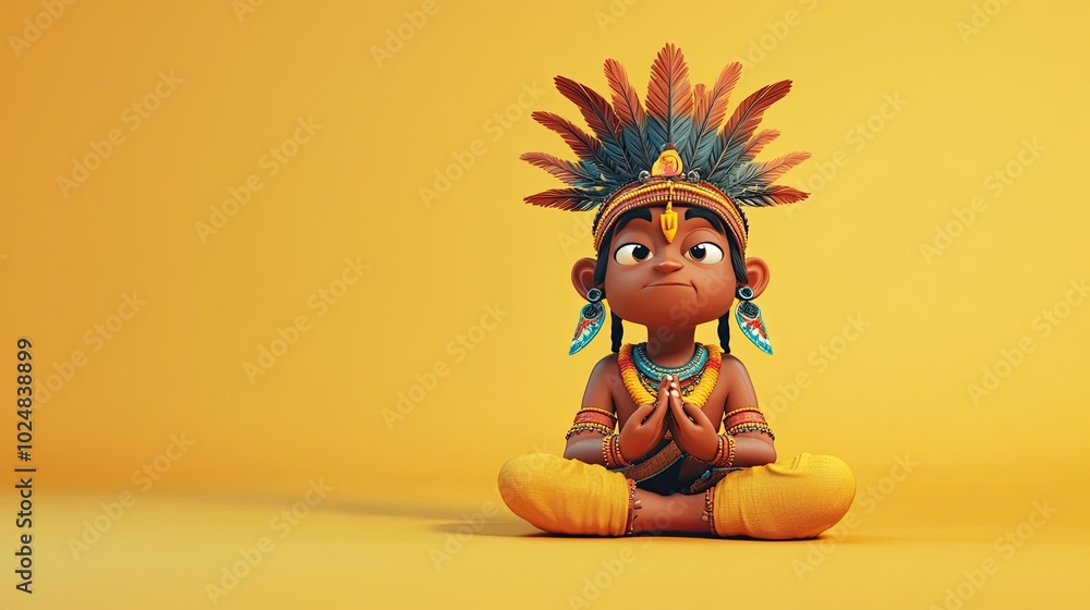 Bored 3D Indian cartoon character sitting cross-legged, looking into the distance, with room for text. Bored 3D Indian cartoon character sitting cross-legged, looking into the distance, with room for text.