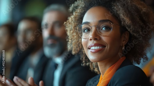 Smiling Businesswoman with Glasses at Corporate Event