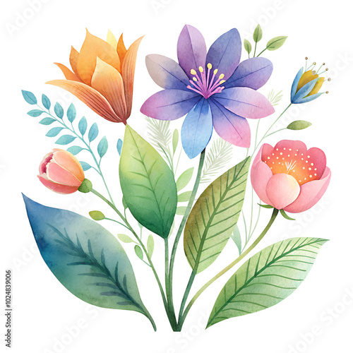 Plants and flowers in a isolated transparent background,Watercolor wildflowers and leaves illustration set, Set of wildflowers, Watercolor floral,wedding invitation, pattern,leaf,Nature clip art,Ai