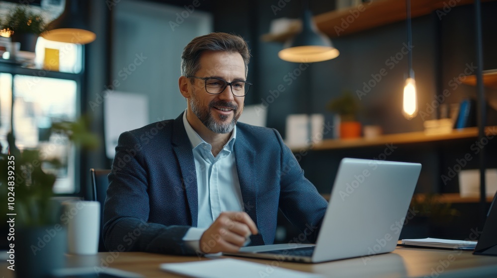 Businessman Working On Laptop In Stylish Modern Workspace Businessman Working On Laptop In Stylish Modern Workspace