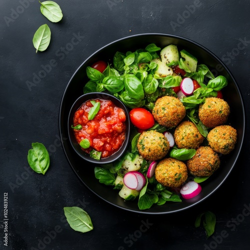 A healthy salad bowl with falafel, fresh vegetables, and salsa.