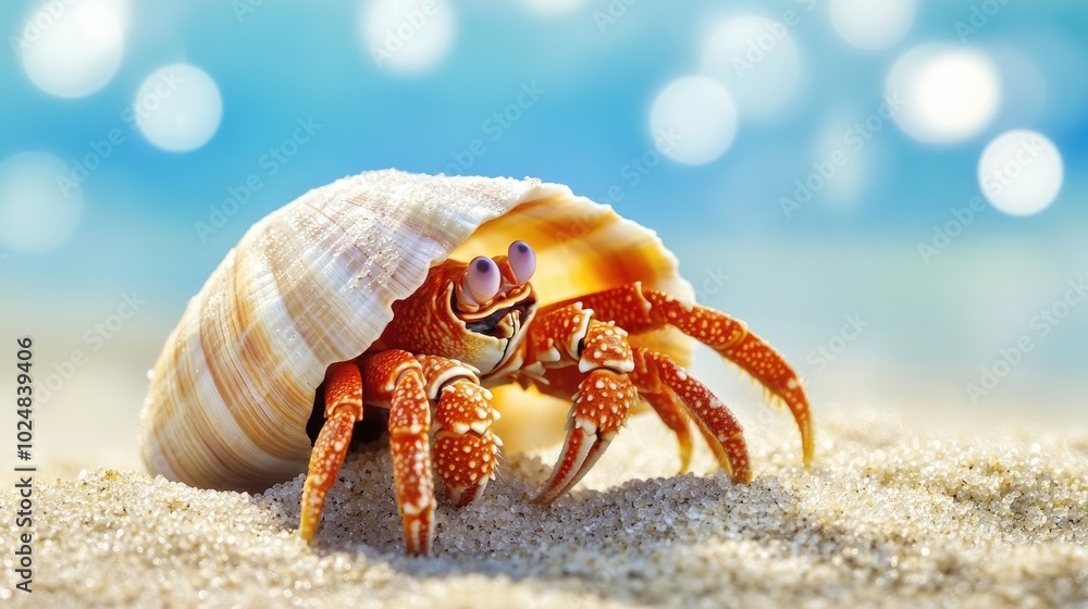 Close-up of a hermit crab's shell with the crab partially visible, surrounded by sandy copy space. Close-up of a hermit crab's shell with the crab partially visible, surrounded by sandy copy space.
