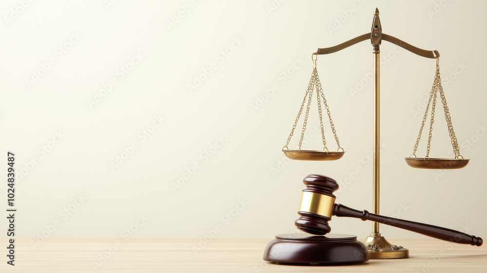Balanced scales next to gavel symbolize justice and law. This captures essence of legal proceedings and importance of fairness in judicial system Balanced scales next to gavel symbolize justice and law. This captures essence of legal proceedings and importance of fairness in judicial system
