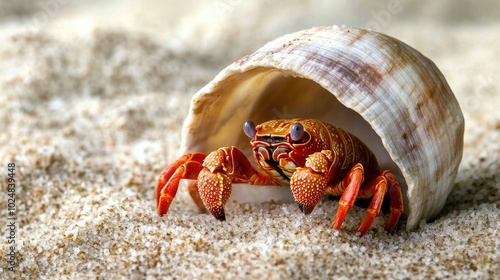 Close-up of a hermit crab's shell with the crab partially visible, surrounded by sandy copy space.