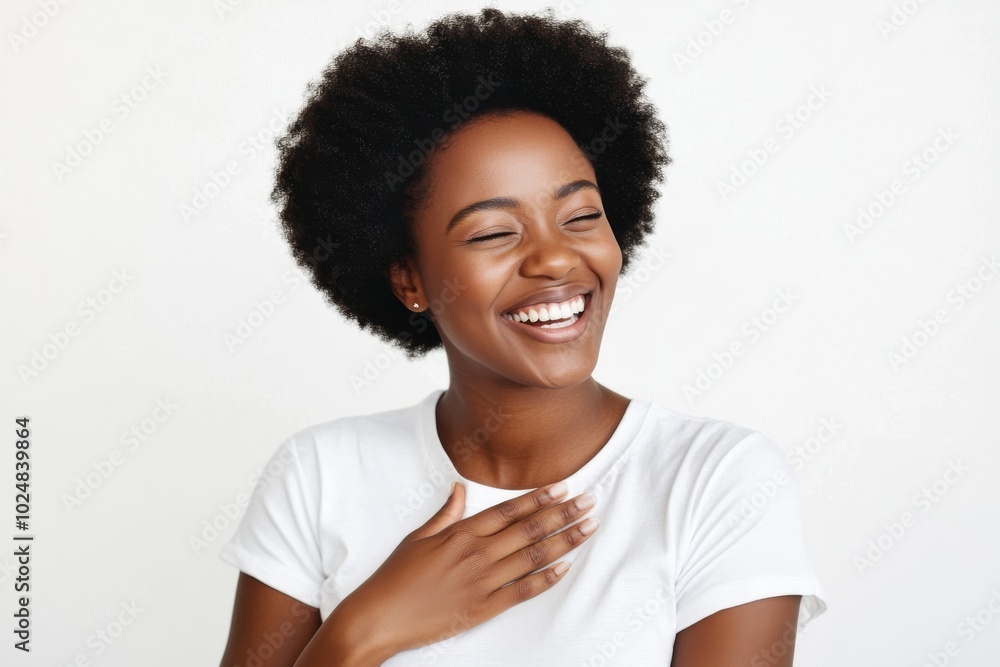 Happiness concept illustration depicts sincere woman with curly hair keeping hand on chest expressing positive feelings hearing heartwarming words. Happiness concept illustration depicts sincere woman with curly hair keeping hand on chest expressing positive feelings hearing heartwarming words.