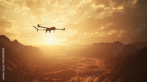 A drone flies against a stunning sunset backdrop, hovering over a mountainous landscape, capturing the beauty of nature. photo