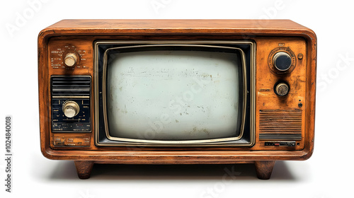 Vintage wooden television set with knobs and a blank screen. photo