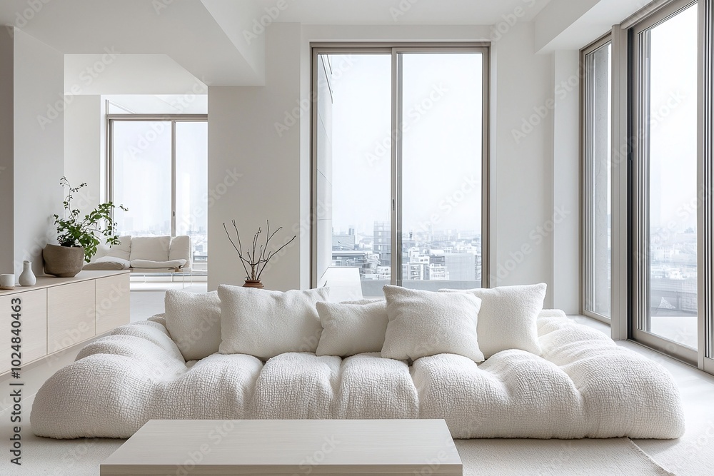Obraz premium Minimalist, modern japandi interiors in the living room with tables and fluffy boucle sofas. Generative AI
