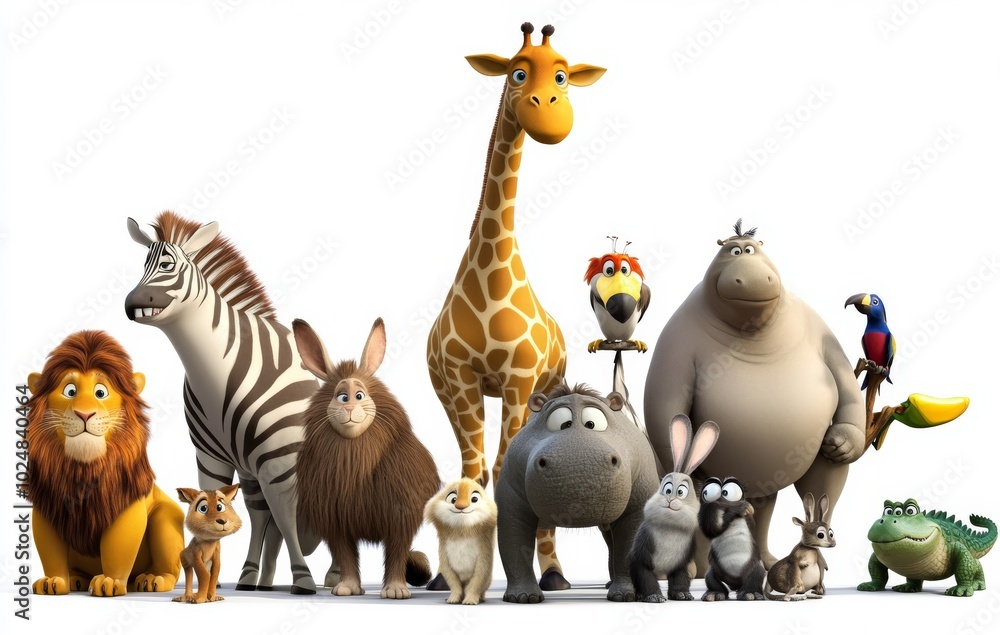 Naklejka premium Cartoon wild animals safari concept, isolated on white background, 3D cute