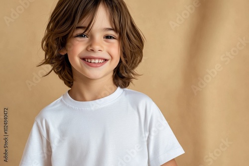 11-year-old boy in white t-shirt on brown background in a studio