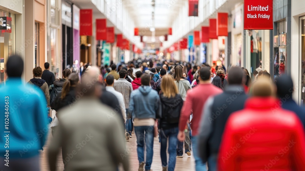 Obraz premium A busy shopping mall filled with diverse people walking along a bright corridor lined with shops.