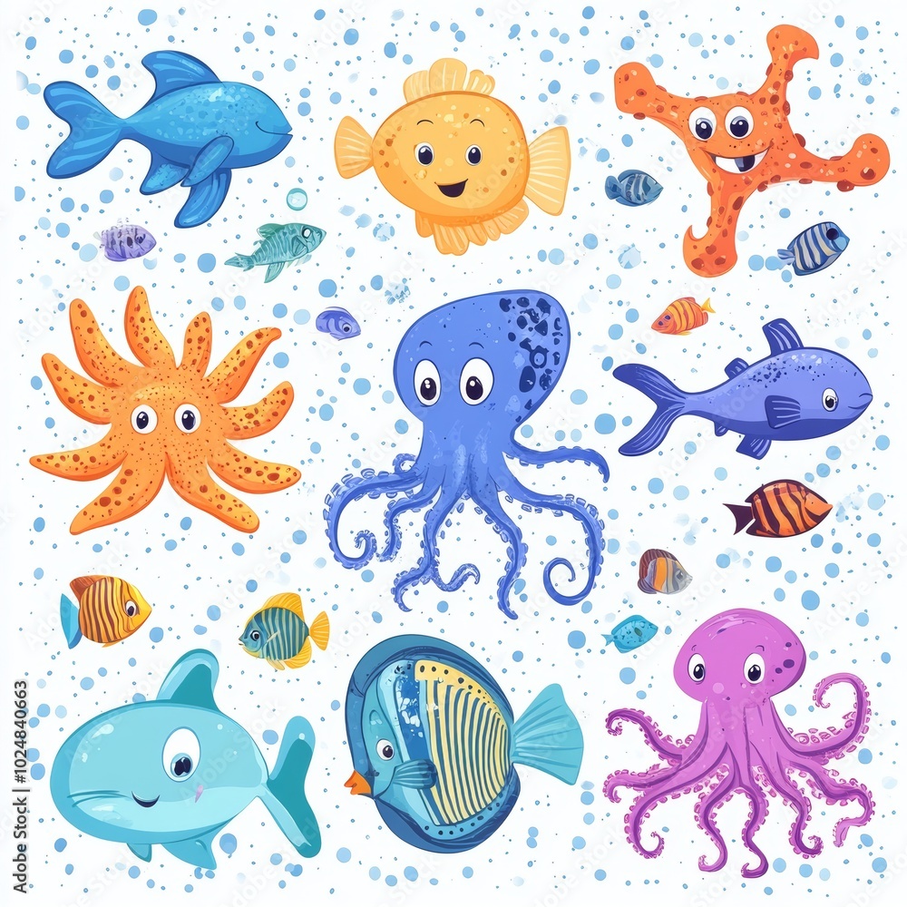 This illustration set depicts sea and ocean animals, all isolated on white backgrounds, in a modern cartoon style This illustration set depicts sea and ocean animals, all isolated on white backgrounds, in a modern cartoon style