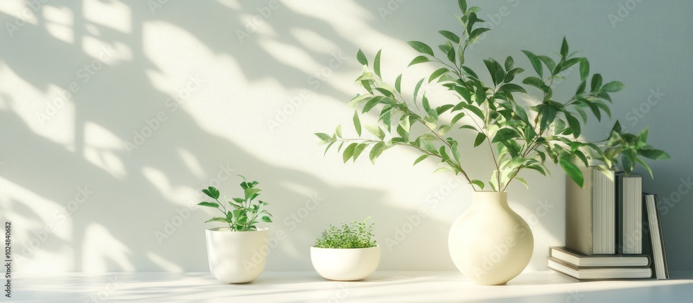 Three potted plants, a vase with green leaves, and a stack of books in a minimalistic interior with natural light. Three potted plants, a vase with green leaves, and a stack of books in a minimalistic interior with natural light.