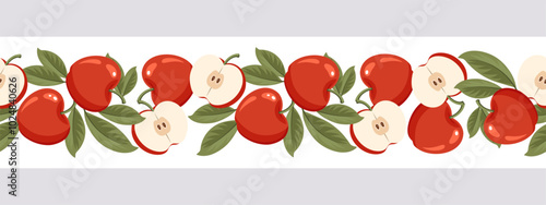 Seamless border with apples. Horizontal ornament with apple fruits with leaves. Illustration