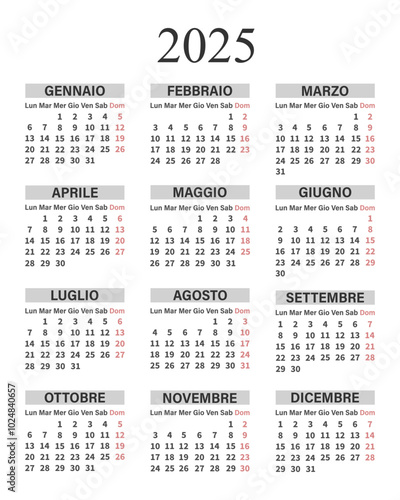 Classic vertical calendar 2025 in Italian. Days, weeks and months for planning. Print, vector