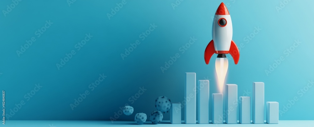 In a minimalistic style, a rocket launching beside bar graphs ...